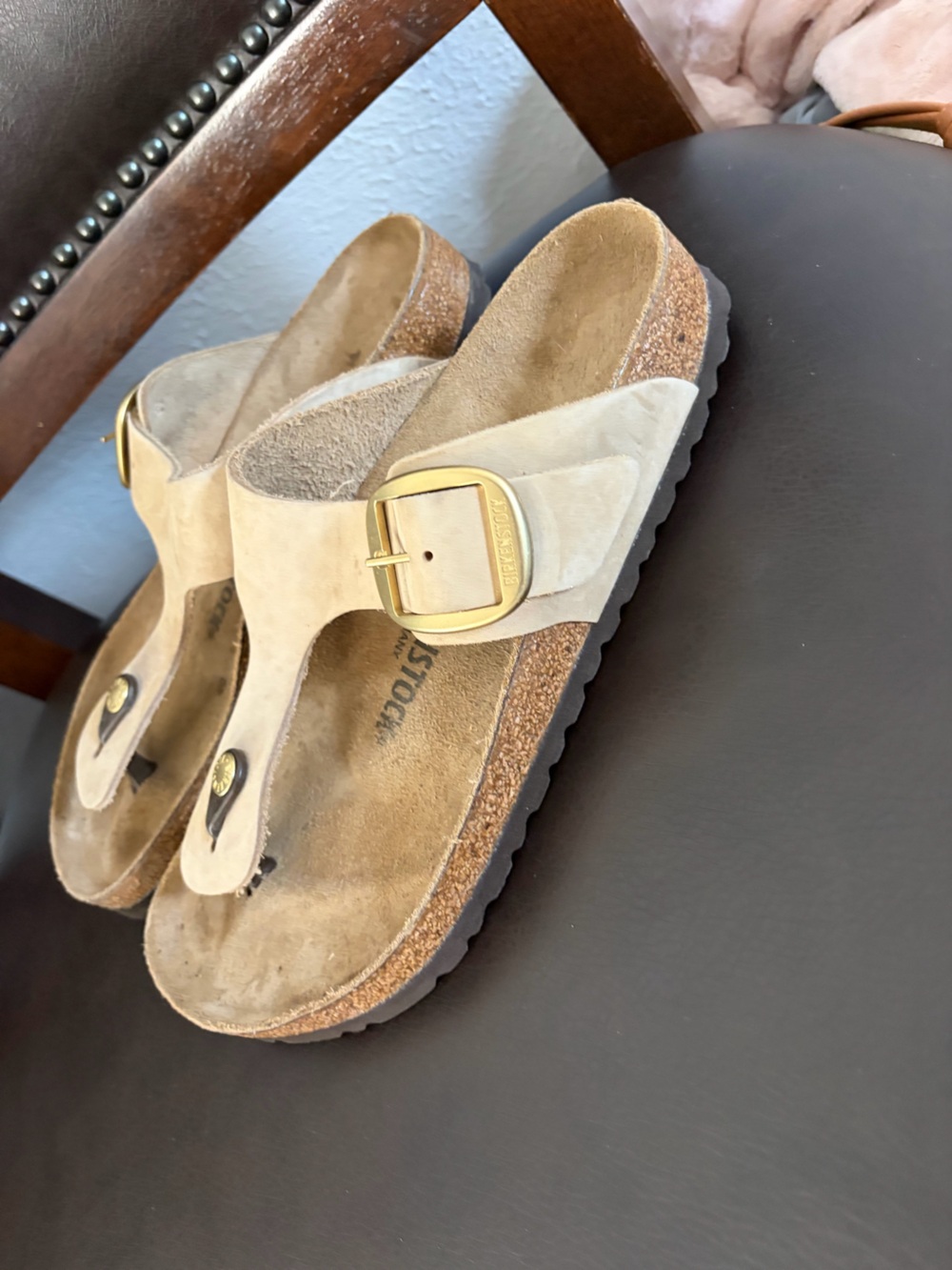 Birkenstock Beige Suede Thong Sandal with Gold Buckle